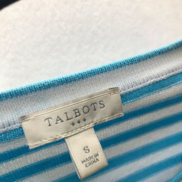 Talbots small blue white striped 3/4 sleeve embroidered button up knit cardigan - Picture 3 of 9